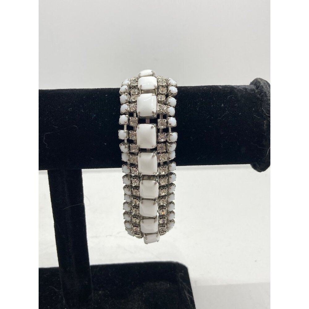 Vintage Milk Glass Rhinestone Bracelet With Silver-Tone Metal & Secure Clasp